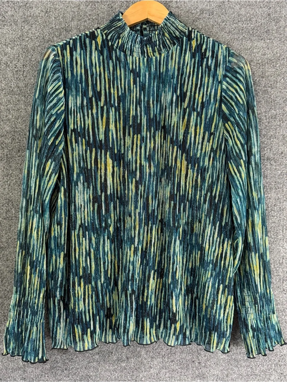 Chicos Womens Crinkle Shine Mock Neck Top Size XL Teal Yellow Long Sleeve Office - Picture 1 of 8